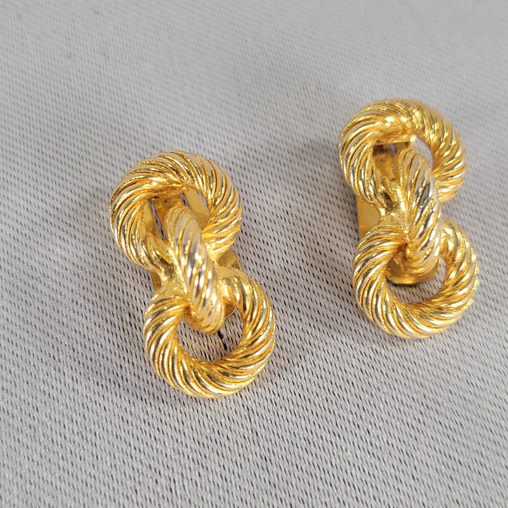 Mimi di N Vintage Gold Tone Rope Double Loop Clip‎ On Earrings 1980s Statement